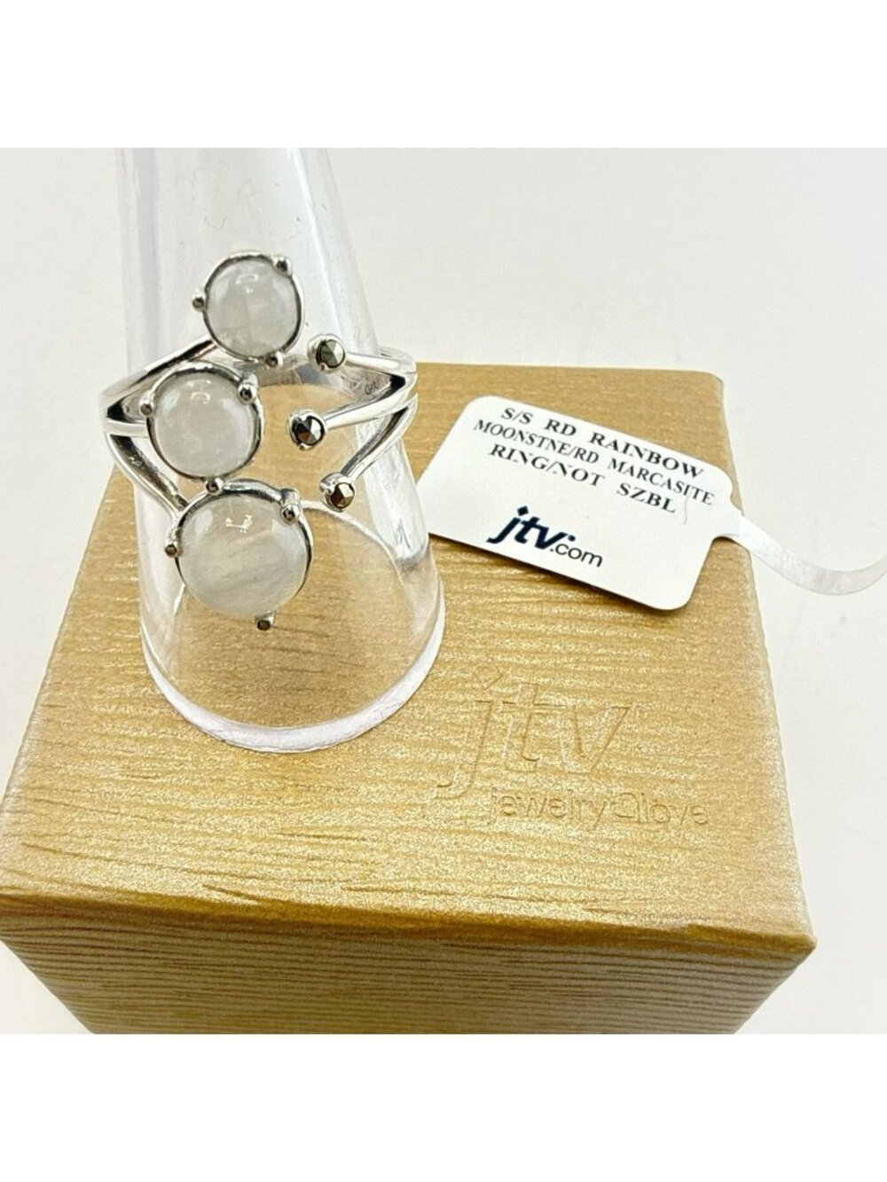 JTV Sterling Silver Ring Rainbow Moonstone Marcasite 925 Adjustable Sizes 9-10